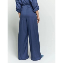 Pantaloni palazzo blu in cotone popeline vista posteriore indossato indossato
