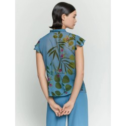 Blusa in chiffon collo alla coreana azzurro vista posteriore indossato