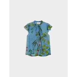 Blusa in chiffon collo alla coreana azzurro vista anteriore