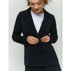 Blazer doppiopetto in crepe nero vista anteriore indossato