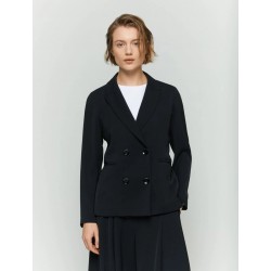 Blazer doppiopetto in crepe nero vista anteriore indossato