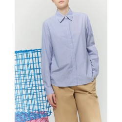 Camicia dritta in cotone a righe con strass blu vista anteriore indossato