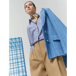 Camicia dritta in cotone a righe con strass blu vista anteriore indossato
