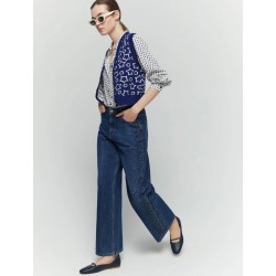Jeans wide leg con strass blu vista anteriore indossato