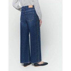 Jeans wide leg con strass blu vista posteriore indossato