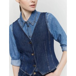 Panciotto in denim aderente blu jeans vista anteriore indossato
