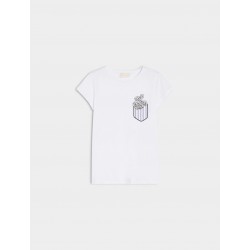 T-shirt in cotone stampata e ricamata bianca vista anteriore