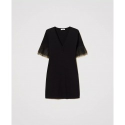 Abito corto in maglia con manica in tulle nero vista anteriore