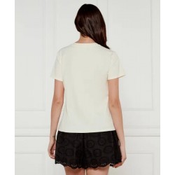 T-shirt con scritta in paillettes panna mezza manica vista posteriore indossata
