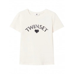 T-shirt con scritta in paillettes panna mezza manica vista anteriore