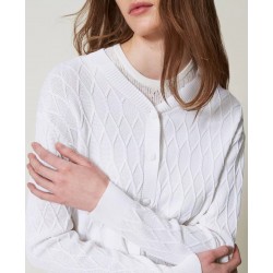 Cardigan in filo manica lunga bianco vista anteriore indossato