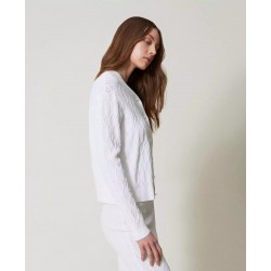 Cardigan in filo manica lunga bianco vista anteriore indossato