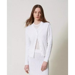 Cardigan in filo manica lunga bianco vista anteriore indossato