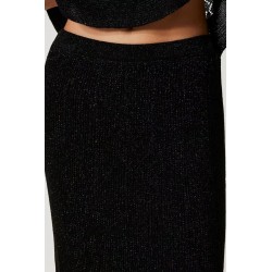 Gonna longuette in maglia lurex nera vista anteriore indossata  in primo piano