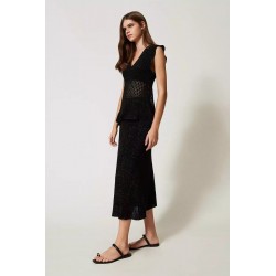 Gonna longuette in maglia lurex nera vista anteriore indossata