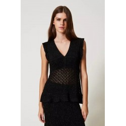 Top in maglia lurex nera vista anteriore indossata