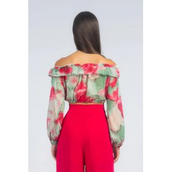 Blusa corta chiffon fantasia astratta fragola vista indossata posteriore