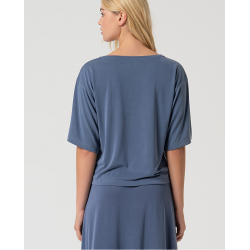Maglia oversize scollo a V indaco vista indossata posteriore