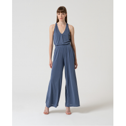 Pantaloni elasticizzati wide leg indaco vista anteriore indossato
