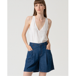 Short in denim di cotone blu vista anteriore indossato