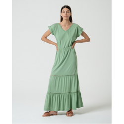 Maglia scollo a V mezza manica con inserti in pizzo vista anteriore indossato