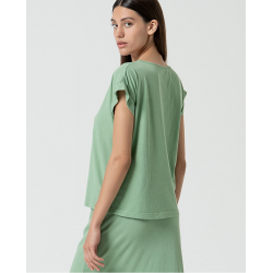 Maglia scollo a V mezza manica con inserti in pizzo vista posteriore indossato