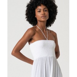 Abito lungo in cotone scollo a fascia bianco vista anteriore indossato in primo piano lo scollo