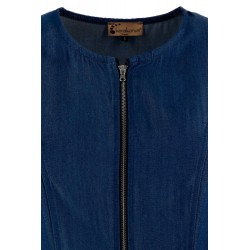Abito lungo in denim blu vista anteriore in primo piano la zip sullo corpetto