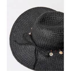 Cappello in rafia nero vista anteriore in primo piano sui dettagli