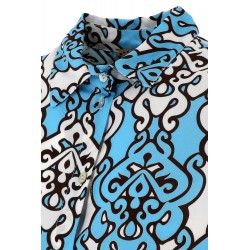 Camicia in viscosa fantasia turchese vista anteriore primo piano sul collo