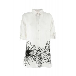 Camicia misto lino bianca con ricamo manica lunga vista anteriore con maniche risvoltate