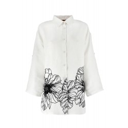 Camicia misto lino bianca con ricamo manica lunga vista anteriore
