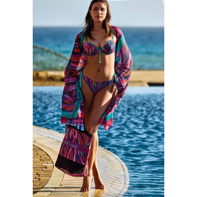 Bikini coppa push up con ferretto multicolor vista anteriore indossato Bikini coppa push up con ferretto multicolor vista anteriore indossato