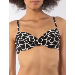 Bikini con ferretto slip con coulisse nero fantasia savana vista anteriore indossato in primo piano