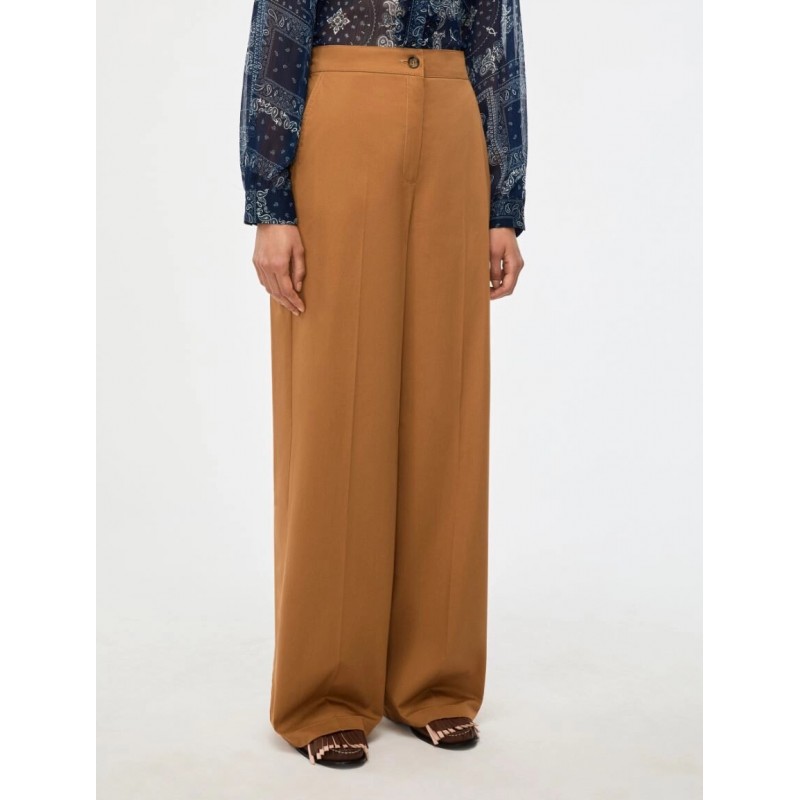 PANTALONI DONNA WIDE LEG COTONE TABACCO - IBLUES - IBLURLO- vista anteriore indossato