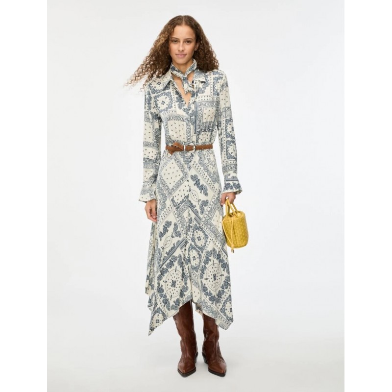 ABITO LUNGO CHEMISIER FANTASIA AVORIO E BLU - IBLUES - IBLACAICI - vista anteriore indossato
