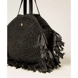BORSA SHOPPER IN RAFIA CON FRANGE NERA - TWINSET - vista anteriore in primo piano