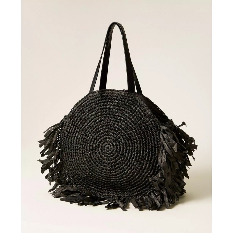 BORSA SHOPPER IN RAFIA CON FRANGE NERA - TWINSET - vista anteriore