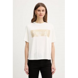 T-SHIRT DONNA IN VISCOSA AVORIO CON LOGO PAILLETTES ORO - TWINSET - vista anteriore indossata in primo piano