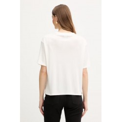 T-SHIRT DONNA IN VISCOSA AVORIO CON LOGO PAILLETTES ORO - TWINSET - vista posteriore indossata