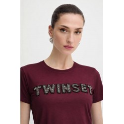 T-SHIRT DONNA IN VISCOSA RICAMATA CON STRASS BORDEAUX - TWINSET- vista in primo piano