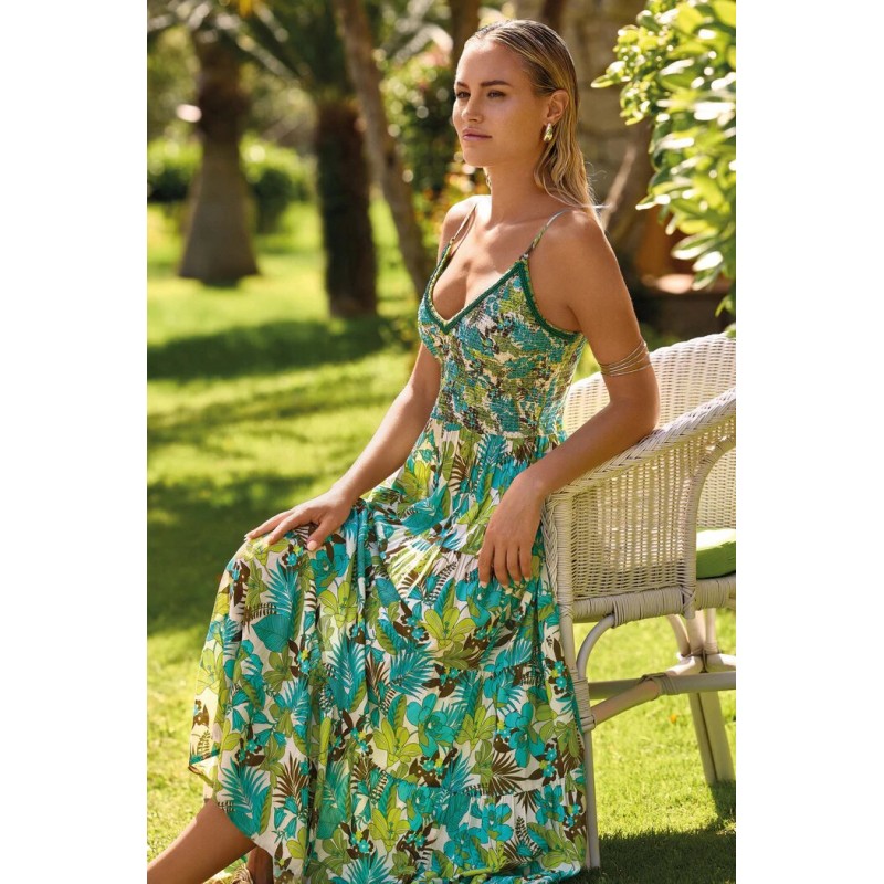 ABITO LUNGO FANTASIA FLOREALE VERDE - VACANZE ITALIANE.jpg vista anteriore indossato