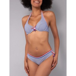 BIKINI A RIGHE REGGISENO IMBOTTITO E SLIP CON LACCETTI BLU - VERDISSIMA.jpg - vista anteriore indossto