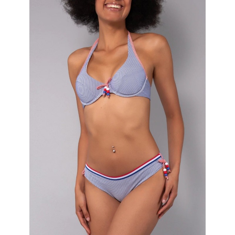 BIKINI A RIGHE REGGISENO IMBOTTITO E SLIP CON LACCETTI BLU - VERDISSIMA.jpg - vista anteriore indossto